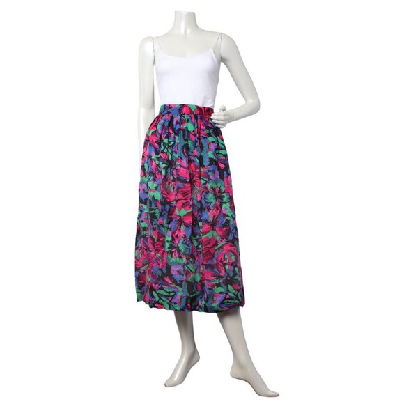 Vintage Floral Midi Cotton Skirt Pleated Cottagecore Summer Bright Pink Blue - Picture 2 of 8
